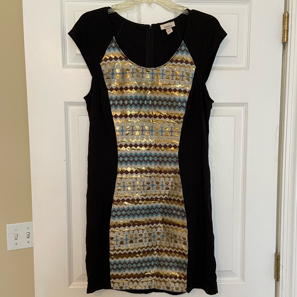 NWT Ambar Dress Party Metallic Cap-sleeve Black Sexy Print